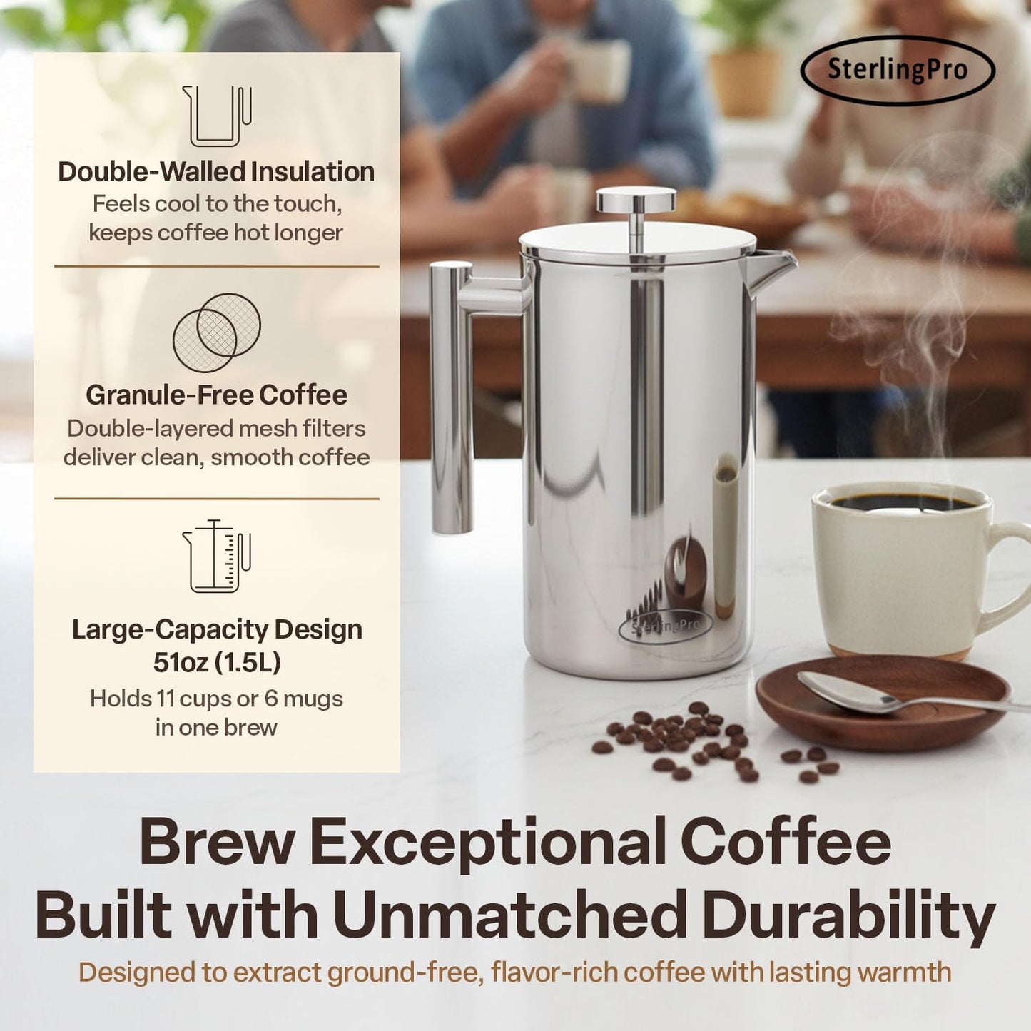 Large Insulated Stainless Steel French Press Coffee Maker 51Oz Capacity (44 Oz Brew Yield) – Double Wall Metal Coffee Press | Plastic Free | Cool-Touch | Mirror Finish | 12 Cups / 6 Mugs