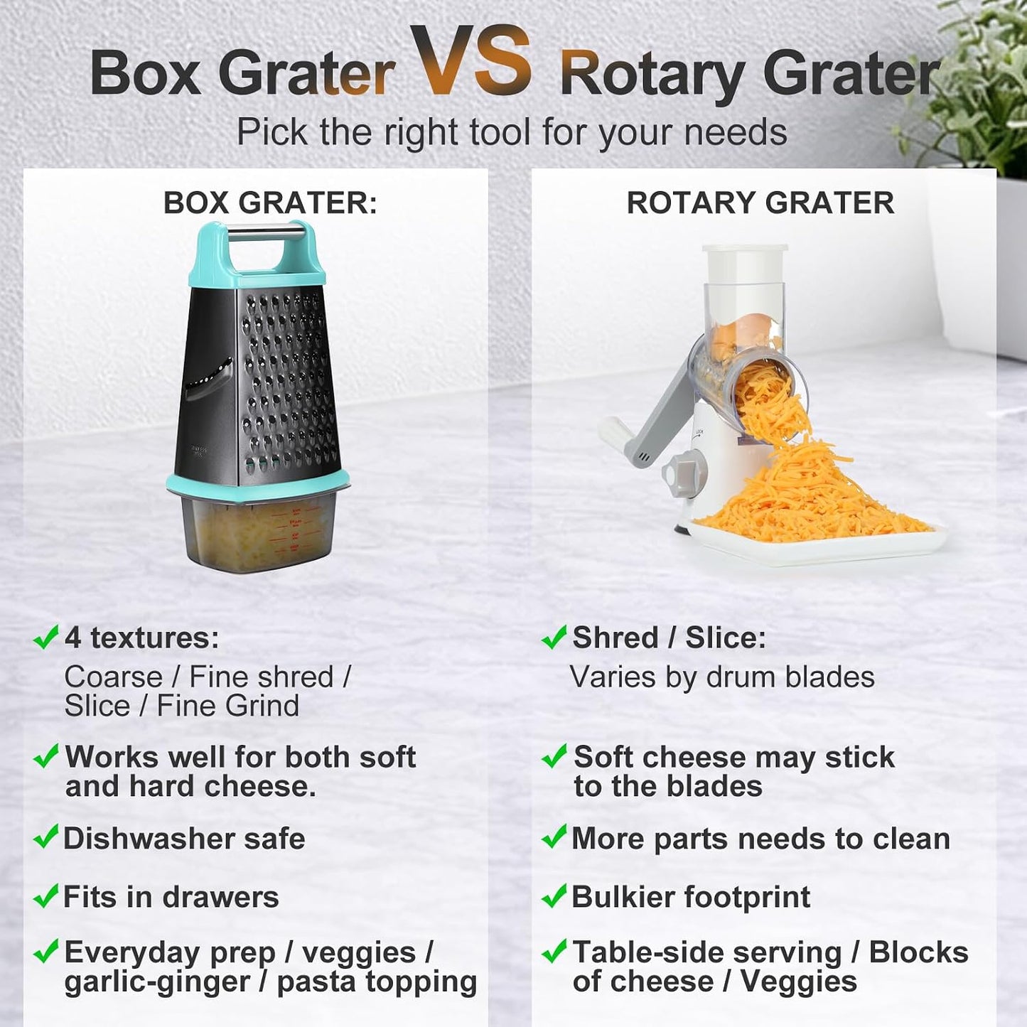 Cheese Grater with Handle, Stainless Steel Box Grater, 4 Side Kitchen Vegetable Shredder Slicer Zester with Container for Parmesan, Cabbage, Ginger, Lemon, Chocolate, Coconut (Teal Black)