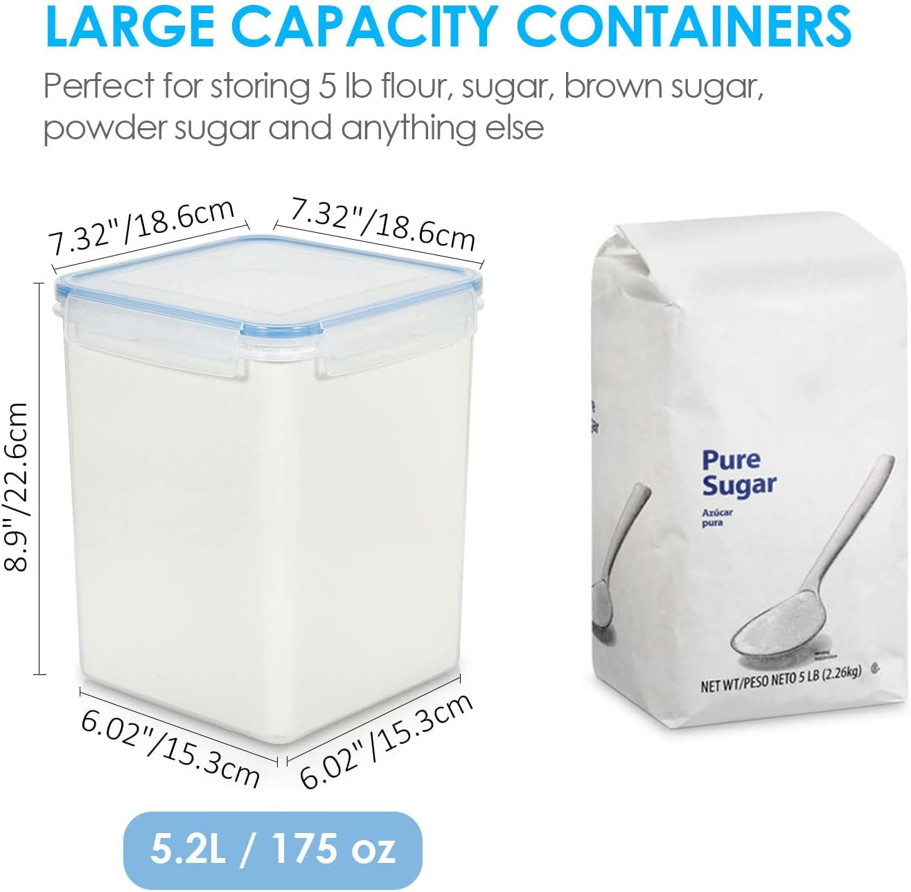 5.2L Flour Sugar Storage Containers, 4 PCS, Blue | Airtight Seal, Multiple Sizes, BPA Free, Food Grade Material, Dishwasher Safe (Not Lids), 4 Measuring Cups and 24 Labels