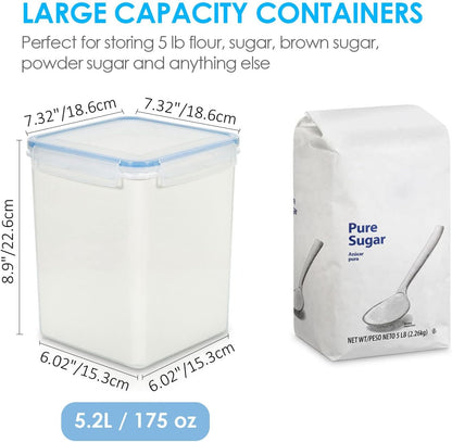 5.2L Flour Sugar Storage Containers, 4 PCS, Blue | Airtight Seal, Multiple Sizes, BPA Free, Food Grade Material, Dishwasher Safe (Not Lids), 4 Measuring Cups and 24 Labels