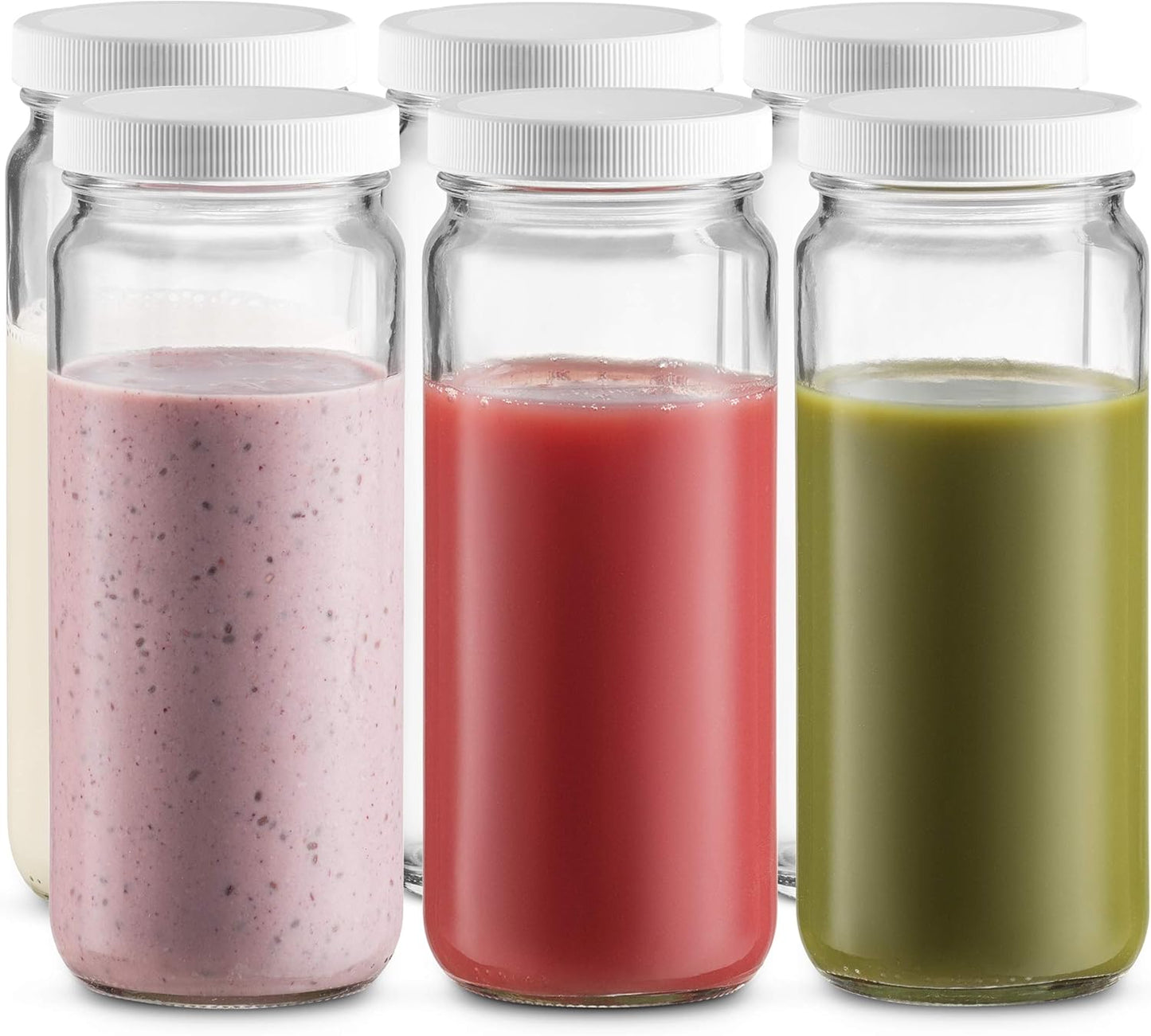 Travel Drinking Bottle 16 Ounce [6 Pack] Plastic Airtight Lids, Reusable, Glass Water Bottle for Juicing, Smoothies, Kombucha, Tea, Milk , Homemade Beverages