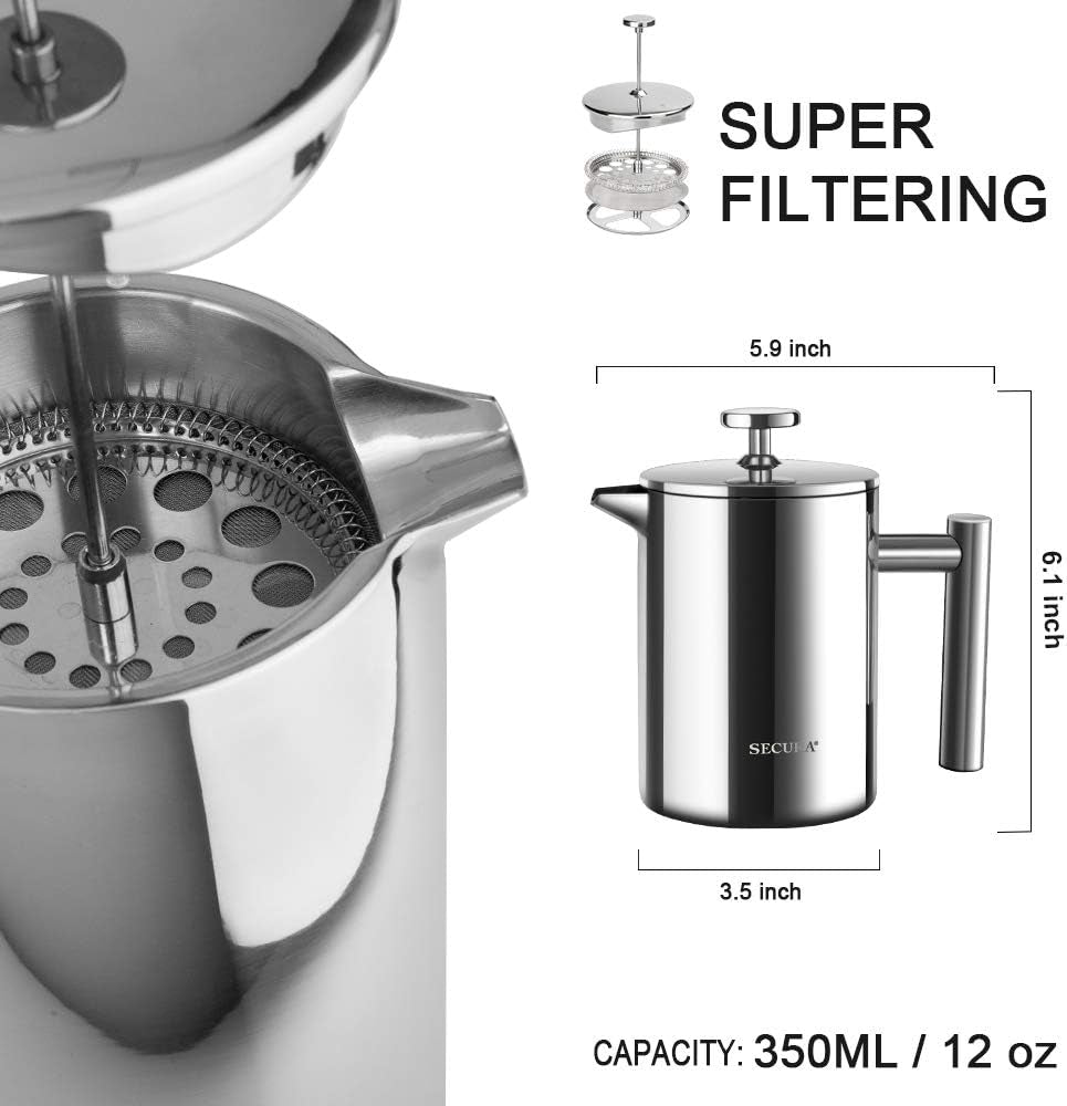 French Press Coffee Maker, 304 Grade Stainless Steel Insulated Coffee Press with 2 Extra Screens, 12Oz (0.35 Litre), Silver