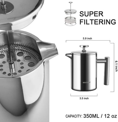 French Press Coffee Maker, 304 Grade Stainless Steel Insulated Coffee Press with 2 Extra Screens, 12Oz (0.35 Litre), Silver