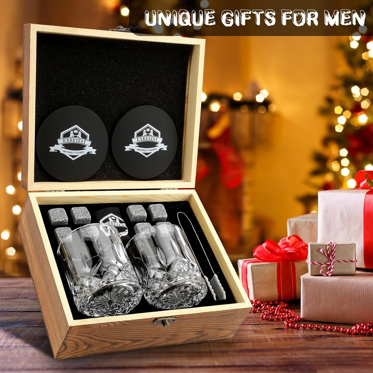 Whiskey Stones Gift for Men, Whiskey Glasses Set of 2 with Premium Wood Box | 8 Granite Chilling Whiskey Rocks, Scotch Bourbon Gifts for Men Him Dad Husband Boss, Ideal for Fathers Day, Birthday, Holiday