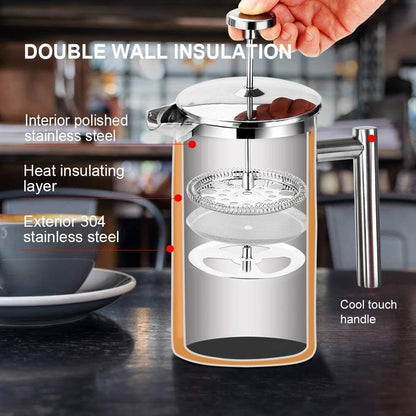 French Press Coffee Maker, 304 Grade Stainless Steel Insulated Coffee Press with 2 Extra Screens, 12Oz (0.35 Litre), Silver