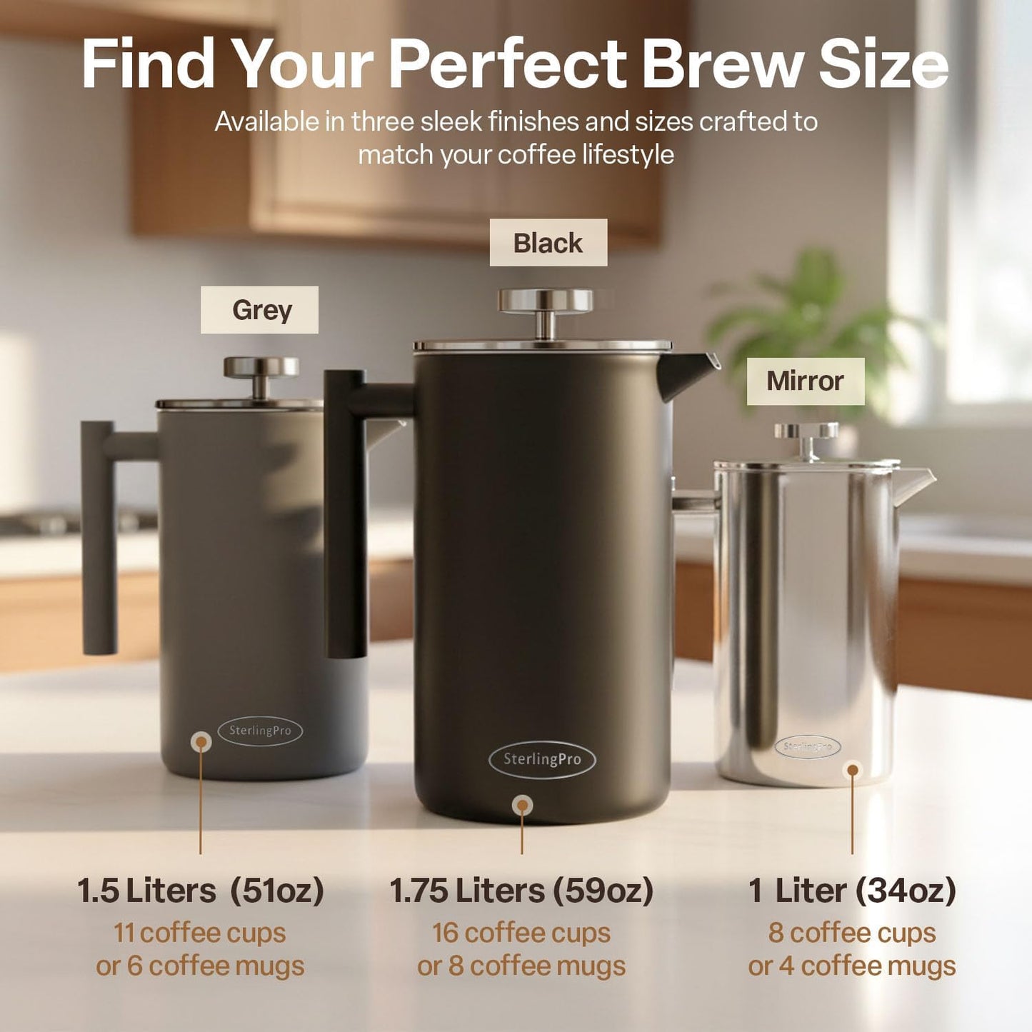 Large Insulated Stainless Steel French Press Coffee Maker 51Oz Capacity (44 Oz Brew Yield) – Double Wall Metal Coffee Press | Plastic Free | Cool-Touch | Mirror Finish | 12 Cups / 6 Mugs