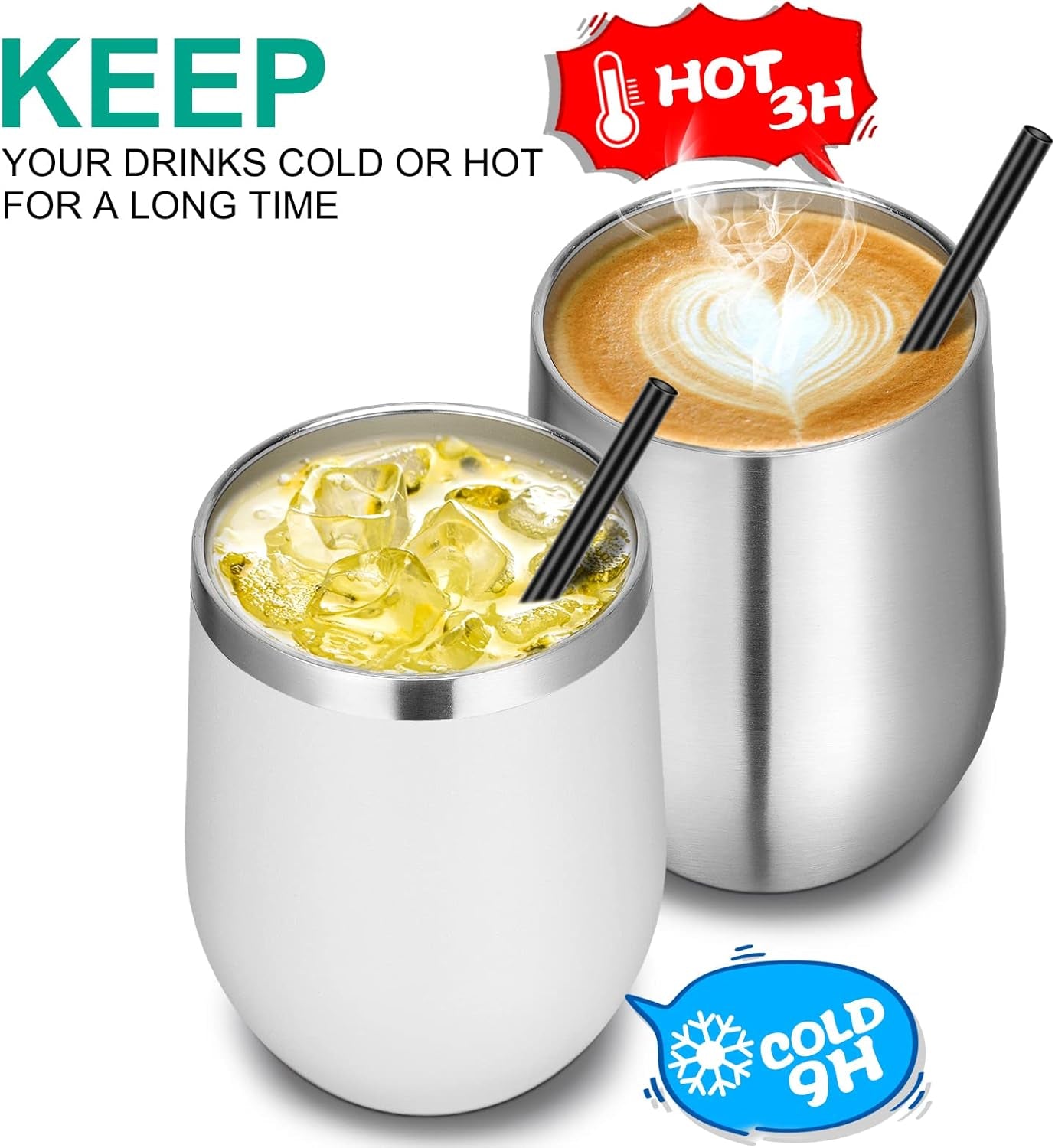 12Oz Stainless Steel Wine Tumbler with Lid and Straw, Double Wall Vacuum Insulated Stemless Wine Glass Tumbler Cup, Coffee Mug for Cold Hot Drinks