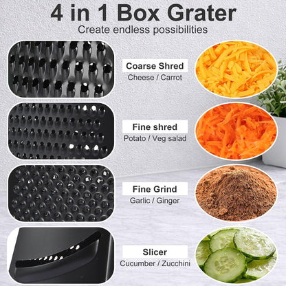 Cheese Grater with Handle, Stainless Steel Box Grater, 4 Side Kitchen Vegetable Shredder Slicer Zester with Container for Parmesan, Cabbage, Ginger, Lemon, Chocolate, Coconut (Teal Black)