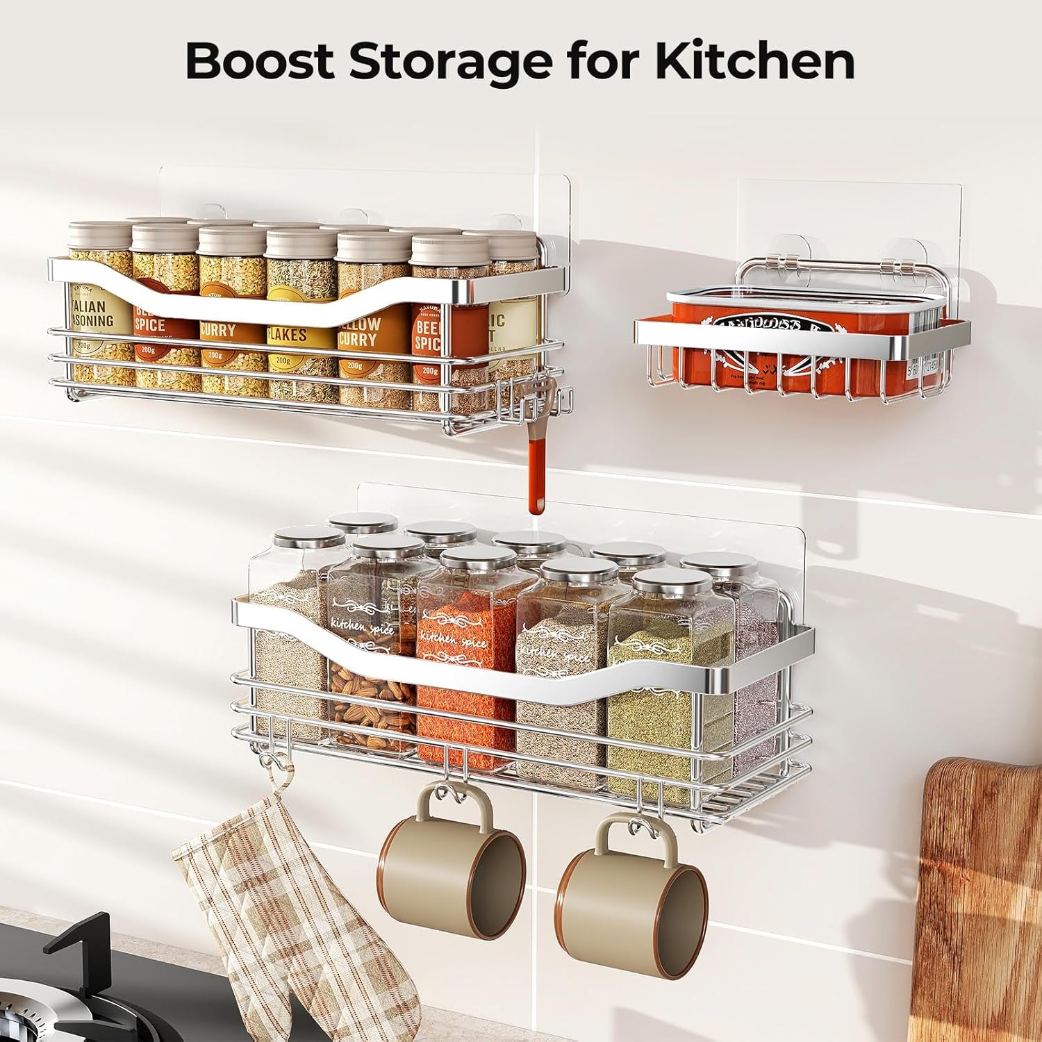 Shower Caddy Basket Soap Dish Holder Shelf with 5 Hooks Bathroom Organizer Shelf Kitchen Storage Rack Wall Mounted Adhesive No Drilling Rustproof SUS304 Stainless Steel - 3 Pack