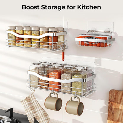 Shower Caddy Basket Soap Dish Holder Shelf with 5 Hooks Bathroom Organizer Shelf Kitchen Storage Rack Wall Mounted Adhesive No Drilling Rustproof SUS304 Stainless Steel - 3 Pack
