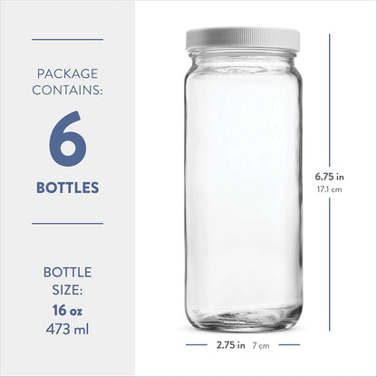 Travel Drinking Bottle 16 Ounce [6 Pack] Plastic Airtight Lids, Reusable, Glass Water Bottle for Juicing, Smoothies, Kombucha, Tea, Milk , Homemade Beverages
