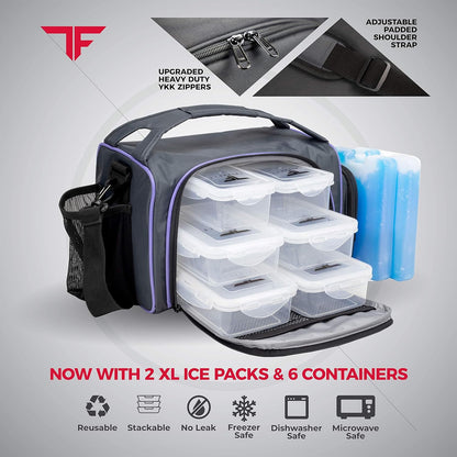 Insulated Meal Prep Lunch Box with 6 Containers, 2 Ice Packs, Purple | Leak-Proof Bpa-Free Containers, Shaker Cup, Pill Organizer, Microwave and Freezer Safe, for Work and Gym,