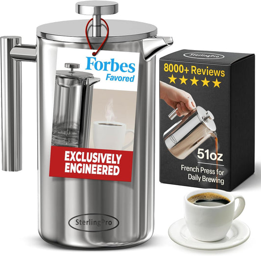 Large Insulated Stainless Steel French Press Coffee Maker 51Oz Capacity (44 Oz Brew Yield) – Double Wall Metal Coffee Press | Plastic Free | Cool-Touch | Mirror Finish | 12 Cups / 6 Mugs