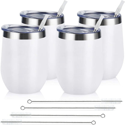 4 Pack 12Oz Stainless Steel Stemless Wine Glasses, Insulated Wine Tumbler, Stainless Steel Wine Tumbler Cups with Lids and Straws for Coffee, Cocktails, Wine, Champaign, White