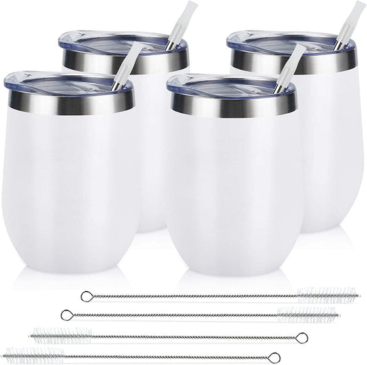 4 Pack 12Oz Stainless Steel Stemless Wine Glasses, Insulated Wine Tumbler, Stainless Steel Wine Tumbler Cups with Lids and Straws for Coffee, Cocktails, Wine, Champaign, White